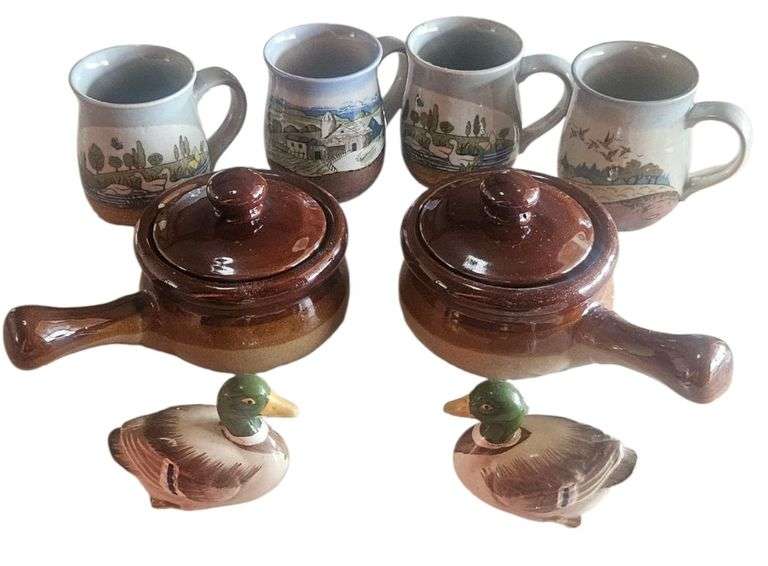 Lot of Country Stoneware Mugs, Brown Drip Soup Bowls & Duck Figurines image