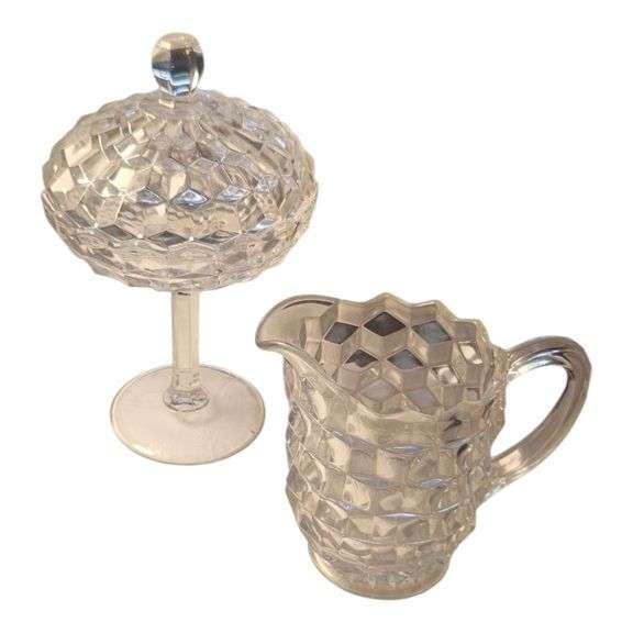 Pressed Glass Candy Dish & Matching Pitcher – Diamond Point Pattern image