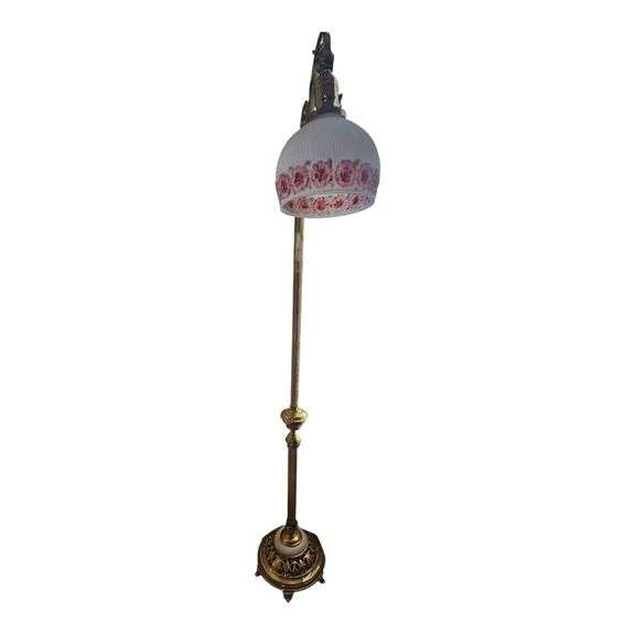 Antique Brass Floor Lamp with Hand-Painted Floral Glass Shade image