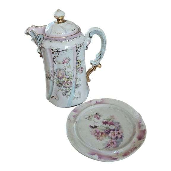 Antique Porcelain Chocolate Pot with Matching Plate image