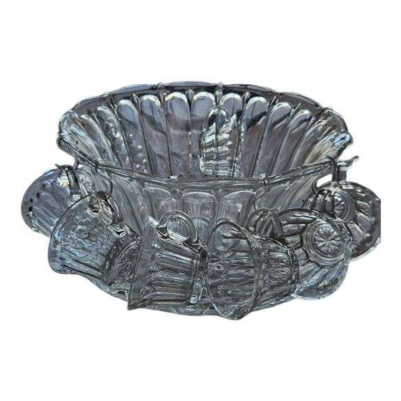 Vintage Clear Glass Punch Bowl Set with Cups & Underplate image