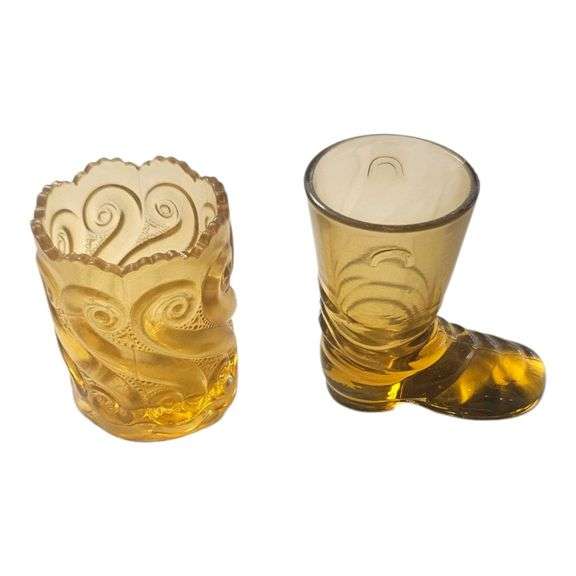 Pair of Vintage Amber Glass Toothpick Holders – Swirl Pattern & Boot Shape image