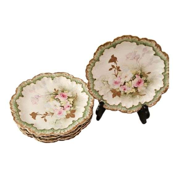 Set of 5 Antique Hand-Painted Floral Dessert Plates with Gold Trim image