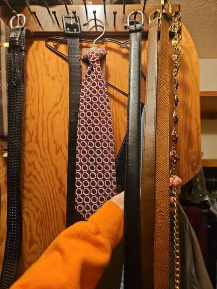 Rack of belts and dress shoes image