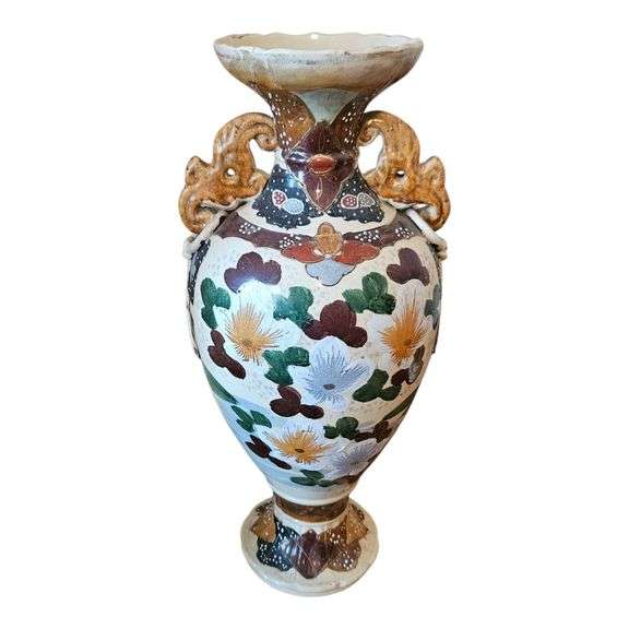 Large Hand-Painted Asian Style Ceramic Floor Vase with Dragon Handles image