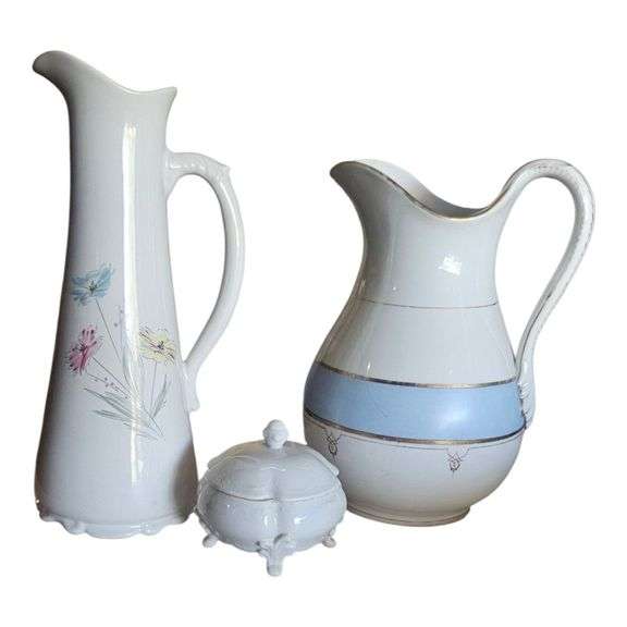Lot of 3 Vintage Porcelain Pitchers & Lidded Trinket Dish image