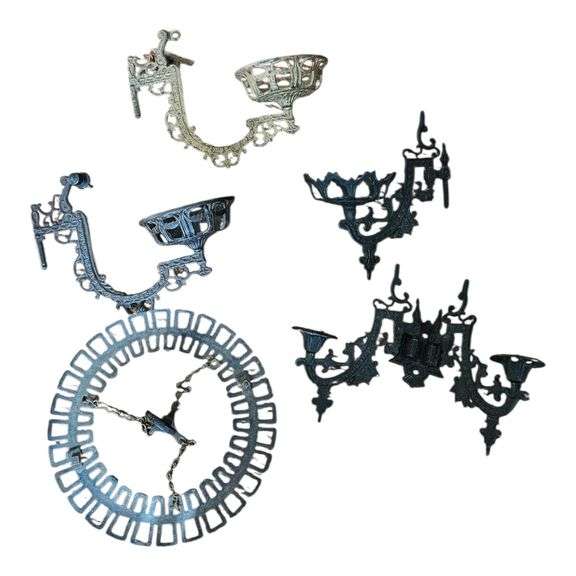 Lot of Vintage Cast Iron Wall Candle Sconces & Decorative Clock Frame image