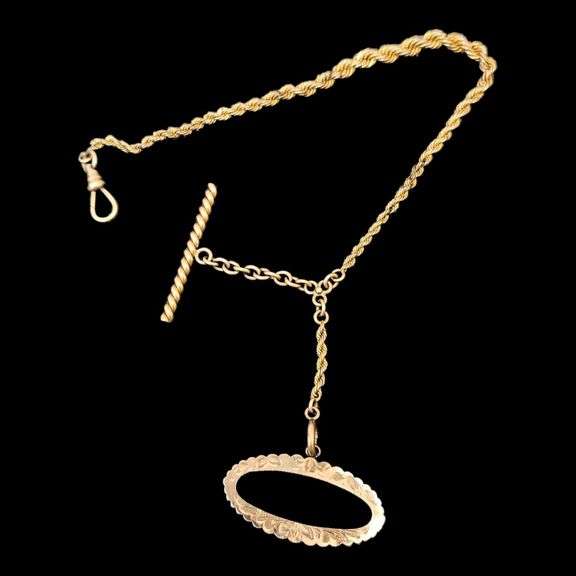 Antique Gold-Tone Pocket Watch Chain w/ Ornate Fob image