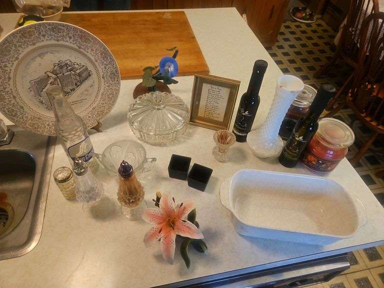 Kitchen Counter Lot – Vintage Milk Glass, Glassware, Bottles, Serving Plate, Décor & More image