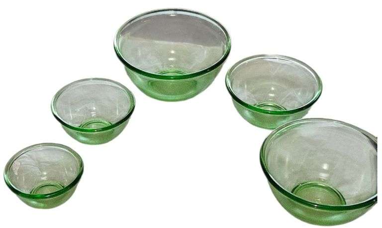 Vintage Uranium Glass 5-Piece Mixing Bowl Set – Original Box – Glows Under UV image