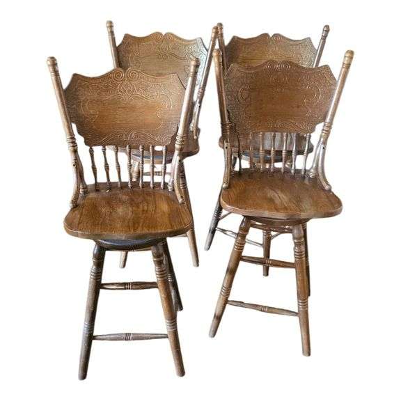 Set of 4 Vintage Oak Pressed-Back Bar Stools image