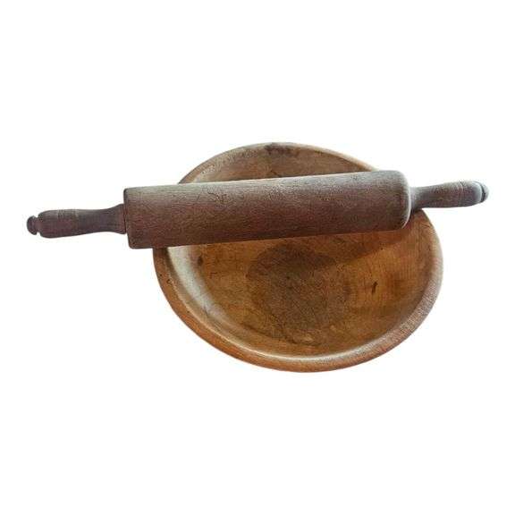 Vintage Wooden Dough Bowl & Rolling Pin Set image