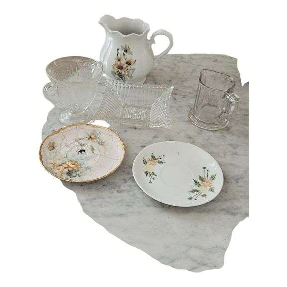 Mixed Lot of Antique & Vintage Porcelain and Glassware – Includes Royal Bavarian Plate, Creamer, and More image