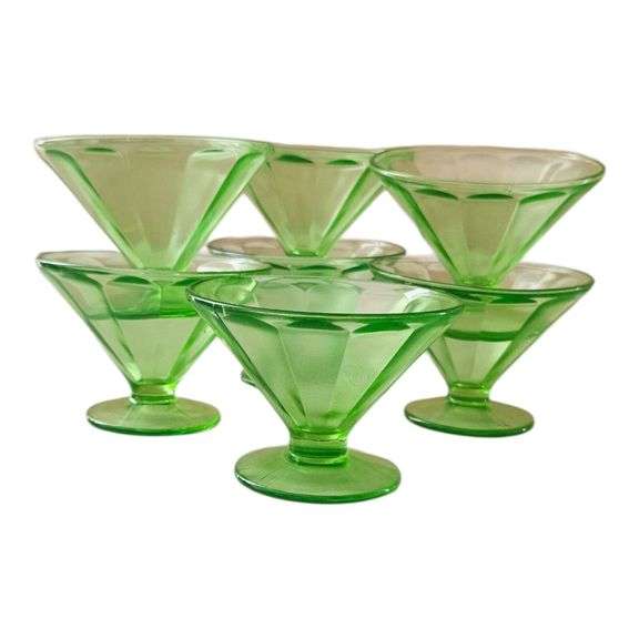 Set of 7 Vintage Green Depression Glass Sherbet or Dessert Cups image
