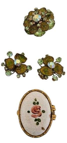 Signed Judy Lee Green Rhinestone Brooch & Earring Set with Enamel Compact image