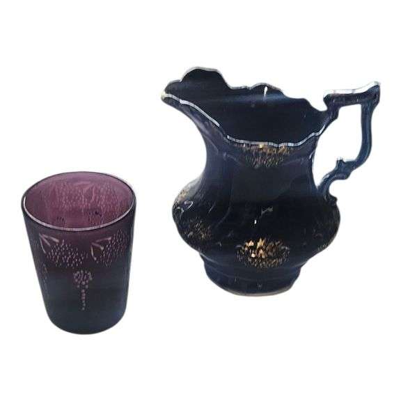 Vintage Amethyst Tumbler & Cobalt Gold-Trimmed Pitcher – Decorative Glass Pair image