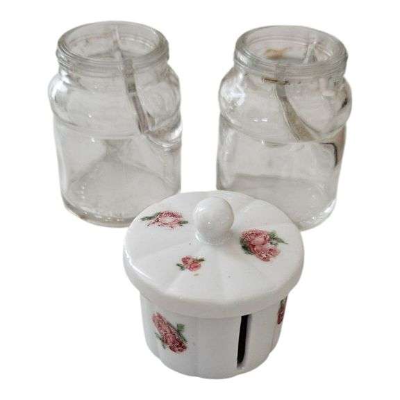 Vintage Porcelain Rose Stamp Holder & Two Clear Glass Ink Wells image