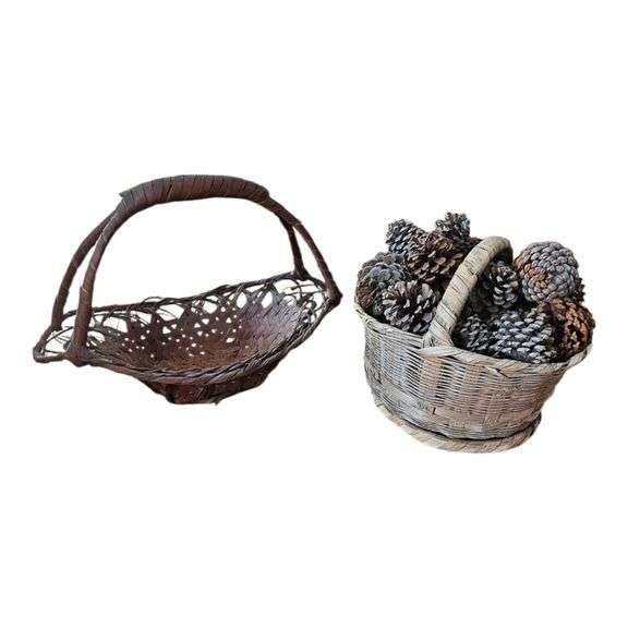 Lot of 2 Woven Baskets – Rustic Pinecone Basket & Deep Brown Gathering Basket image