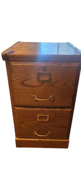 Oak Two-Drawer File Cabinet with Brass Hardware image