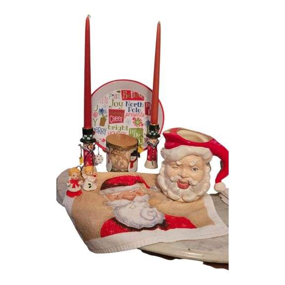 Vintage Christmas Lot – Santa Mug, Angels, Snowmen Candlesticks, Holiday Décor Collection image