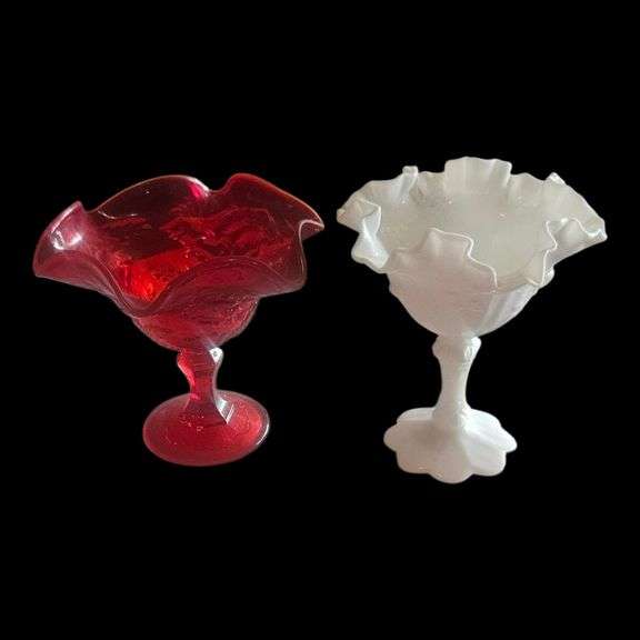 Pair of Vintage Ruffled Glass Compotes – Including Fenton Milk Glass image