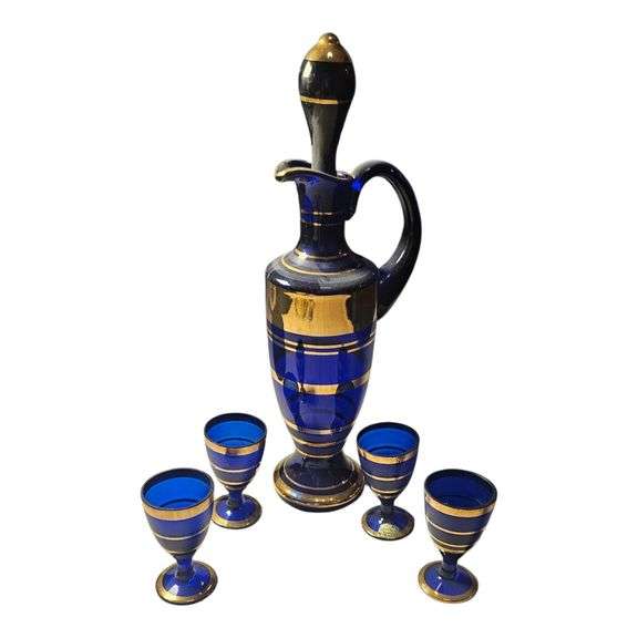 Bohemia Crystal Cobalt Blue & 22K Gold Cordial Set – Made in Czechoslovakia image