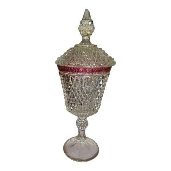 Vintage Colonial-Style Pressed Glass Covered Compote with Cranberry Flash Band image