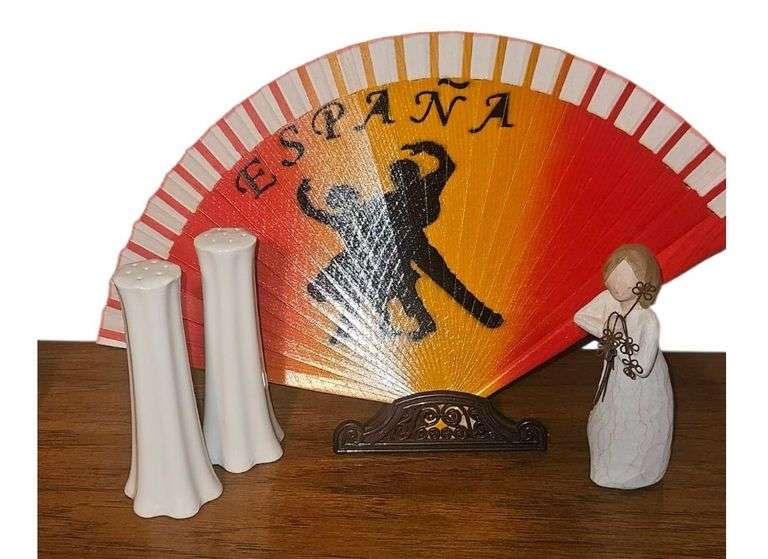 Willow Tree “Friendship” Figurine, Porcelain Salt & Pepper Shakers, and Decorative España Fan image