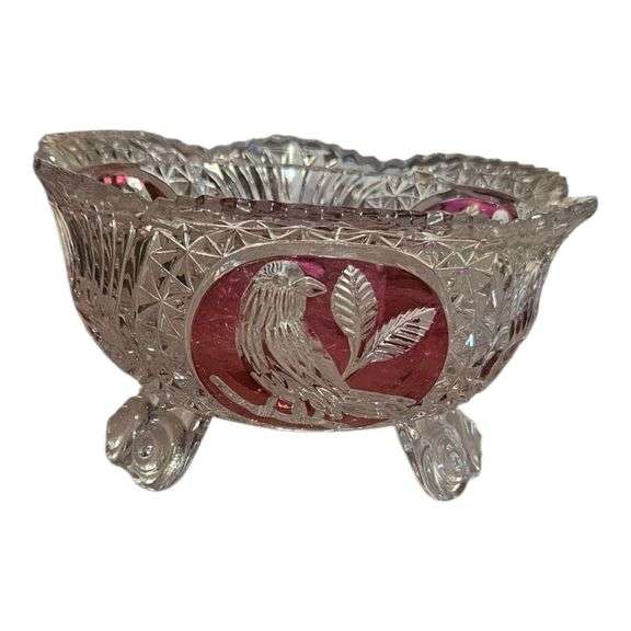 Ruby Flash Cut-to-Clear Footed Bowl – Bird & Leaf Pattern image