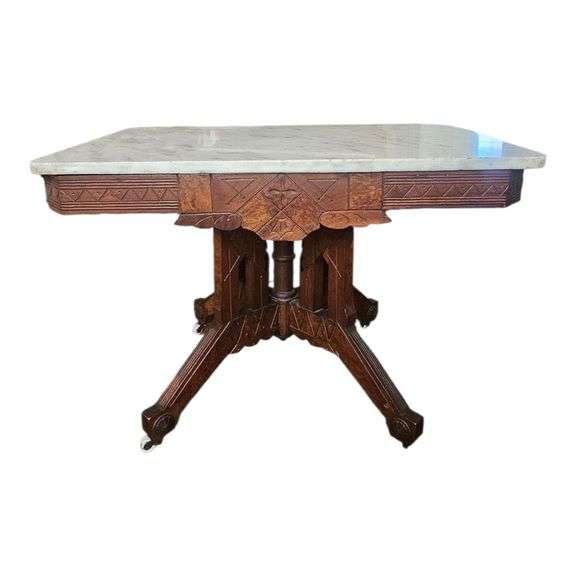 Antique Victorian Marble-Top Parlor Table on Casters image