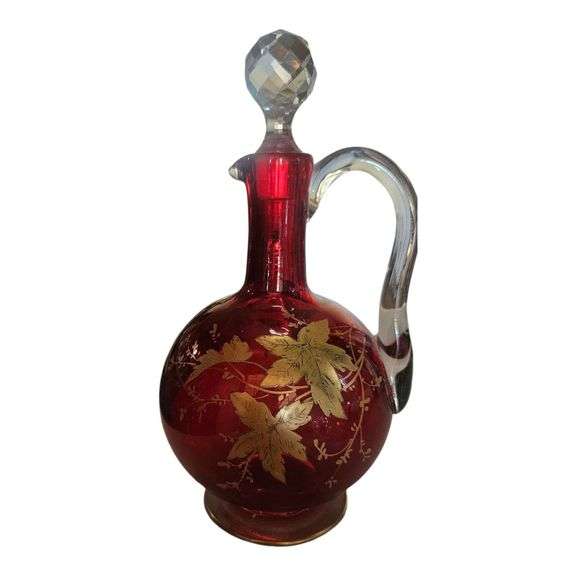 Antique Cranberry Glass Decanter with Gold Gilded Leaf Design & Faceted Stopper image