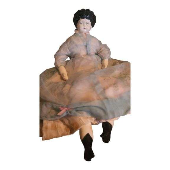 Antique China Head Doll with Blue Organdy Dress image