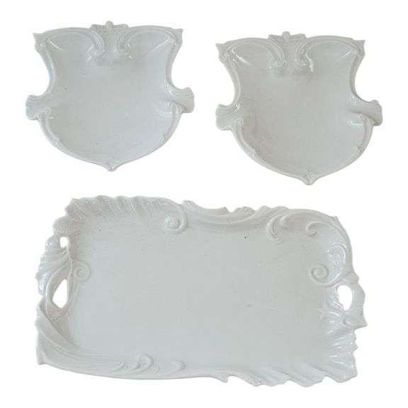Vintage Japan Porcelain White Vanity Tray & Matching Wall Plaques image