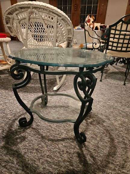 Glass Top Metal Accent Table – Scroll Base Design image