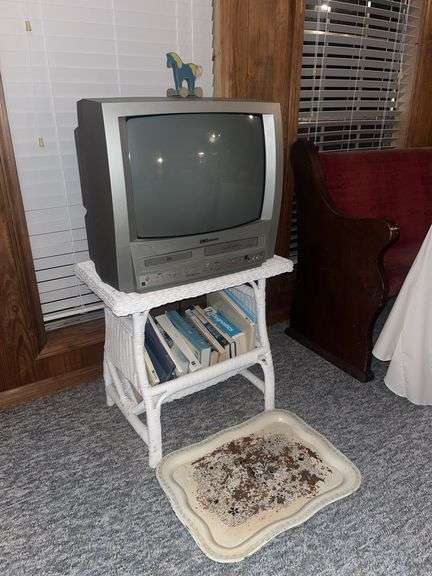 vintage TV, wicker table, and tray image