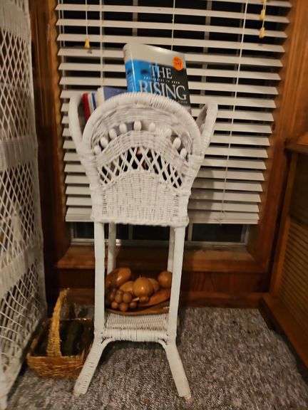 White Wicker Stand w/ Decorative Wood Fruit & Books image