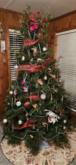 Fully Decorated Christmas Tree – Ribbon, Ornaments & Tree Skirt image