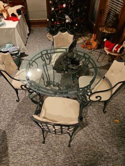 Glass Top Iron Dining Set – Round Table + 4 Cushioned Chairs image