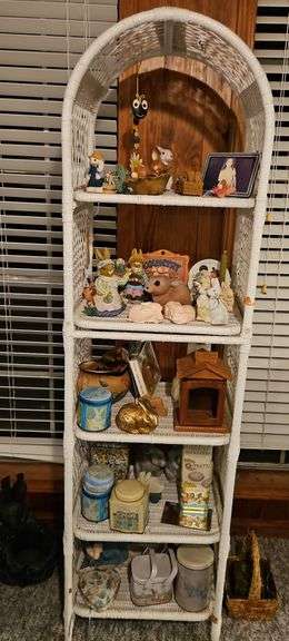 White Wicker Display Shelf – 67" Tall + Contents Lot image
