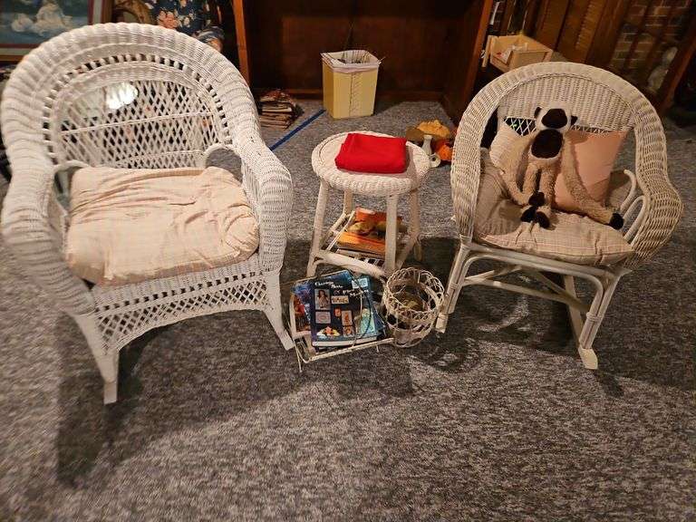 White Wicker Patio/Porch Seating Set – 2 Chairs + Table image