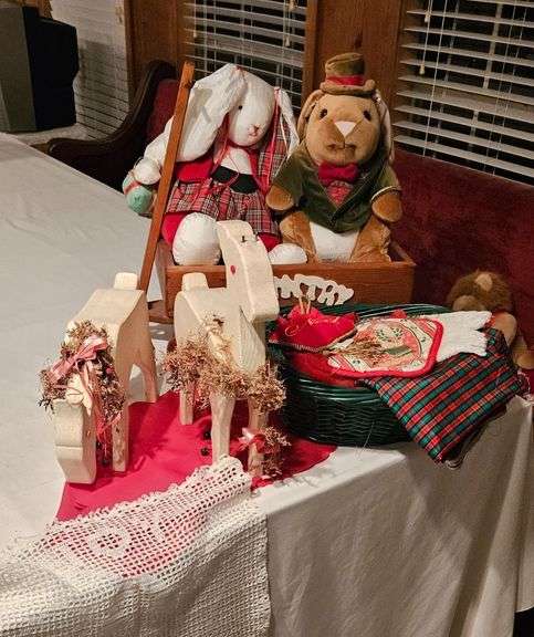 Country Christmas Bunny Lot + Wood Reindeer Décor & Textiles image