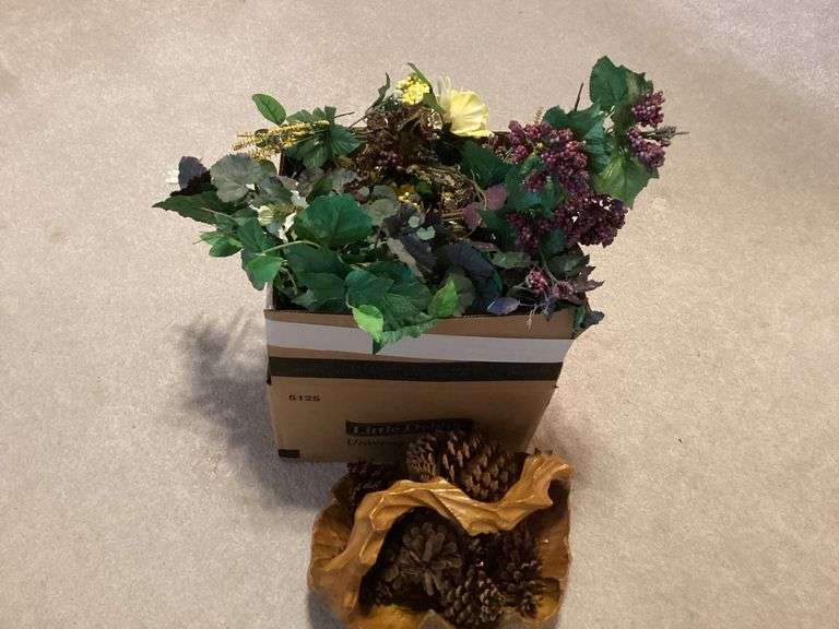 Decorative Floral Arrangement and Wooden Bowl with Pinecones image