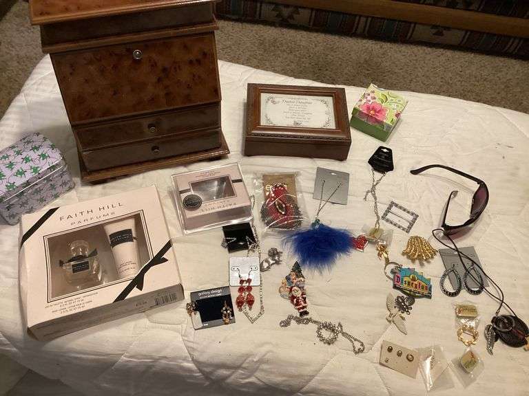 Wooden Jewelry Box, Perfume, Earrings, and Assorted Items image