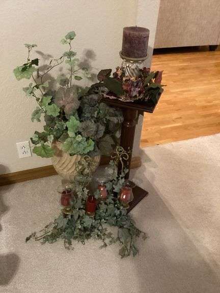 Decorated Plant Stand with Floral Arrangement and Candles image