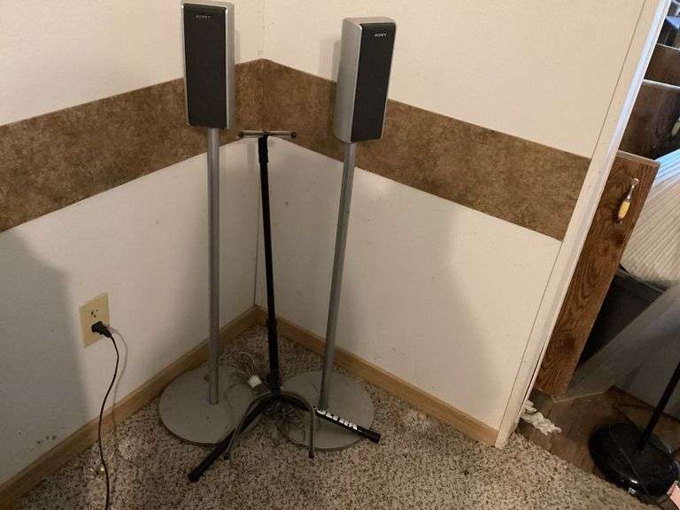 Pair of Sony Speakers on Stands with Mic Stand image
