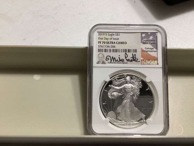 2019-S American Eagle $1 Silver Coin, PF 70 Ultra Cameo, First Day of Issue, Signed image