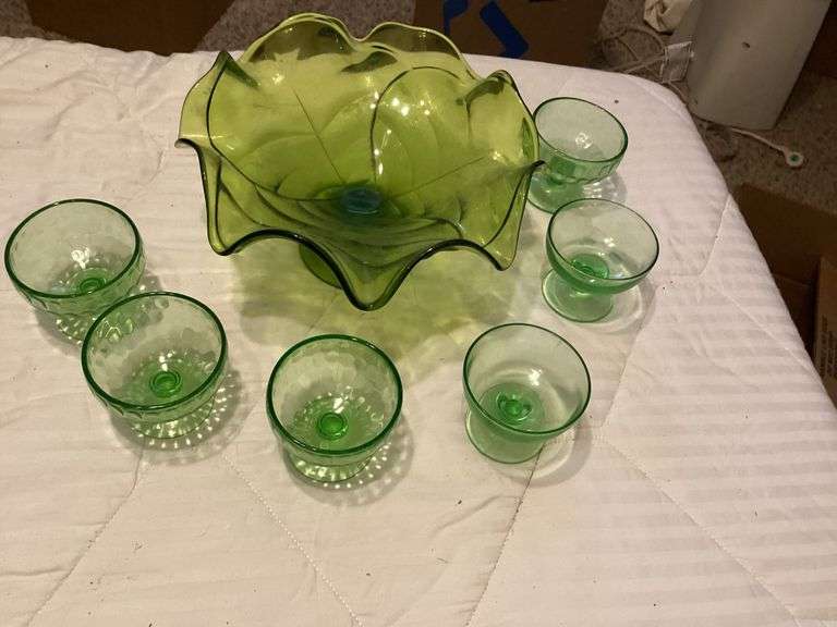 Green Glass Bowl with Six Matching Cups image