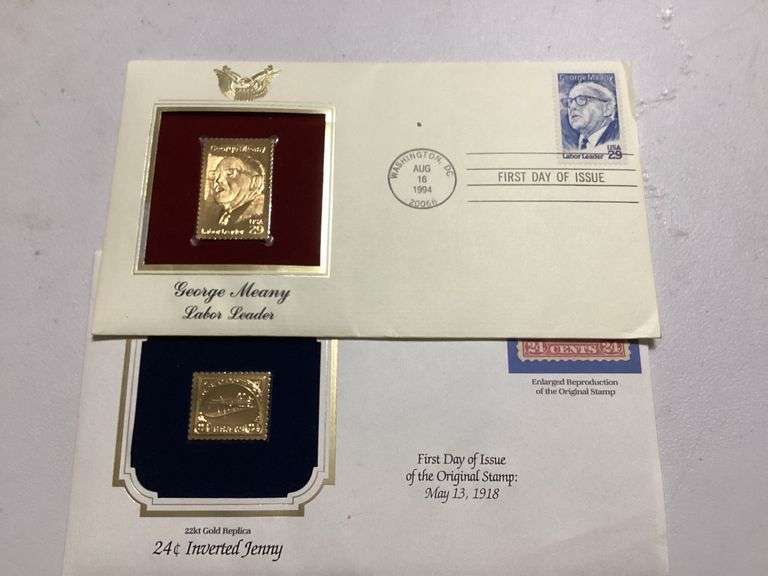 22kt Gold Replica Stamps: Inverted Jenny & George Meany First Day of Issue image