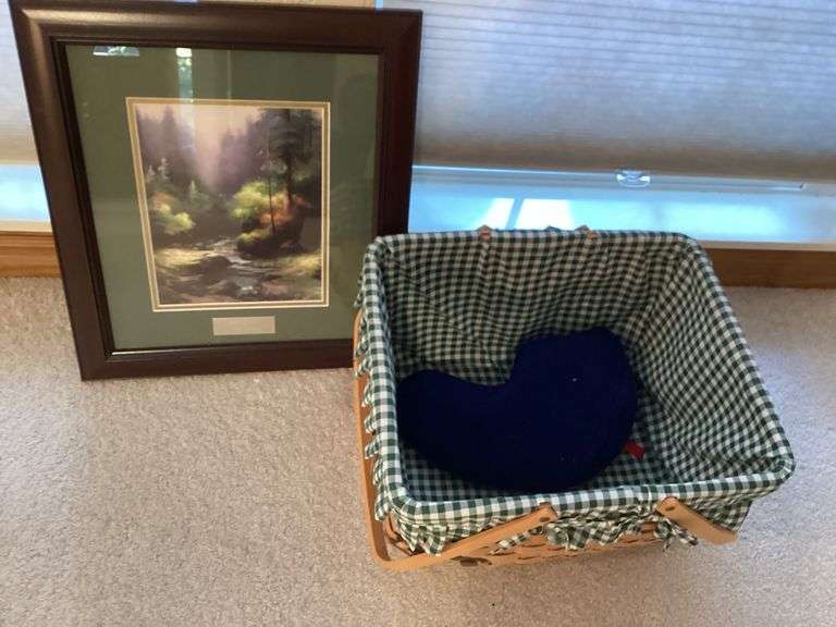 Thomas Kinkade Framed Print and Picnic Basket with Heart Pillow image
