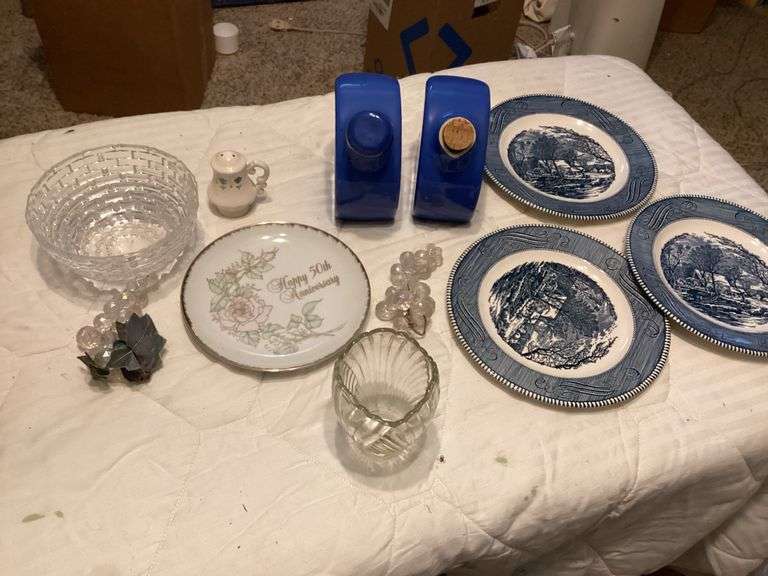 Assorted Decorative Items - Plates, Bowls, Salt Shaker, and Cobalt Blue Dispensers image